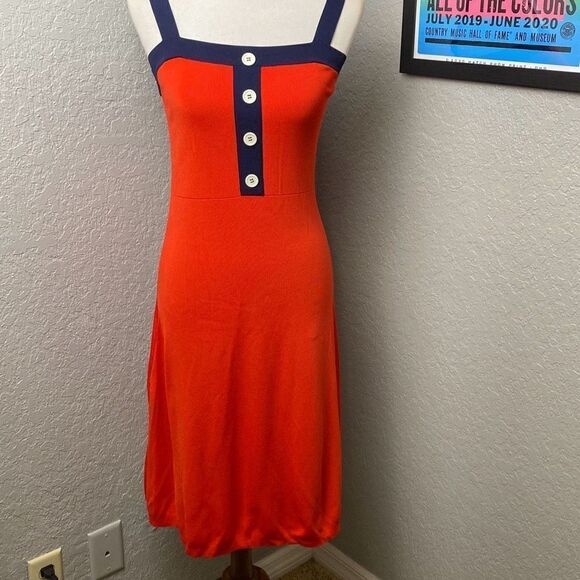 STAUD tomato red/blue straps w/ buttons dress knit S pinup retro - Picture 3 of 13